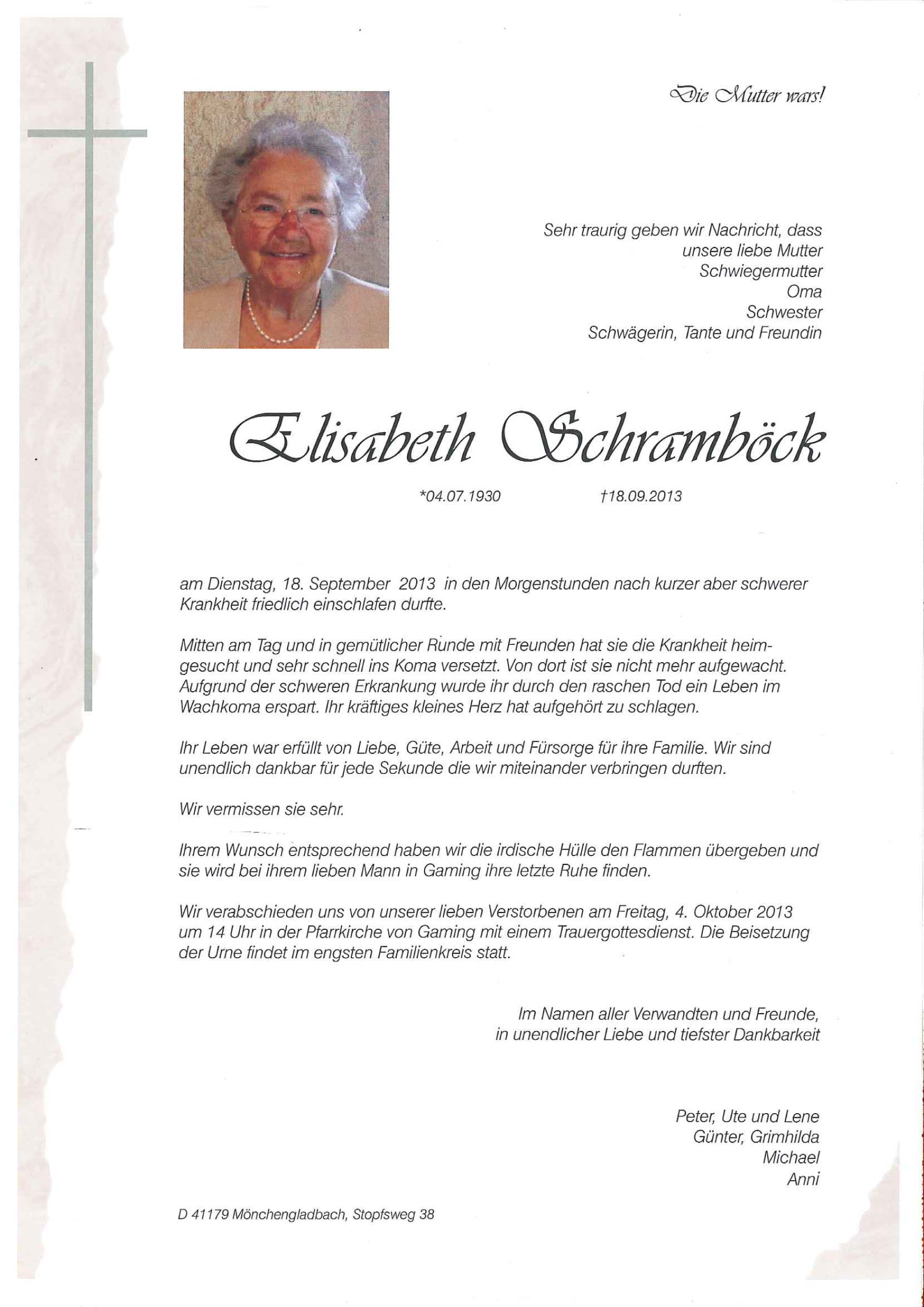 Todesanzeige Elisabeth Schramböck